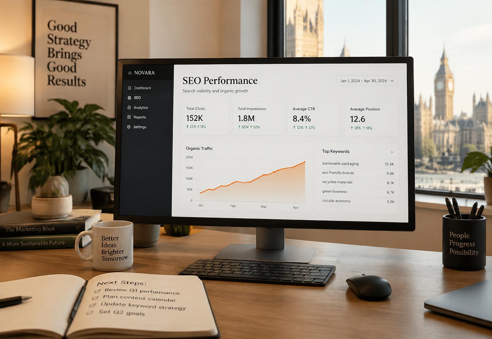 SEO performance dashboard on a desk overlooking Westminster